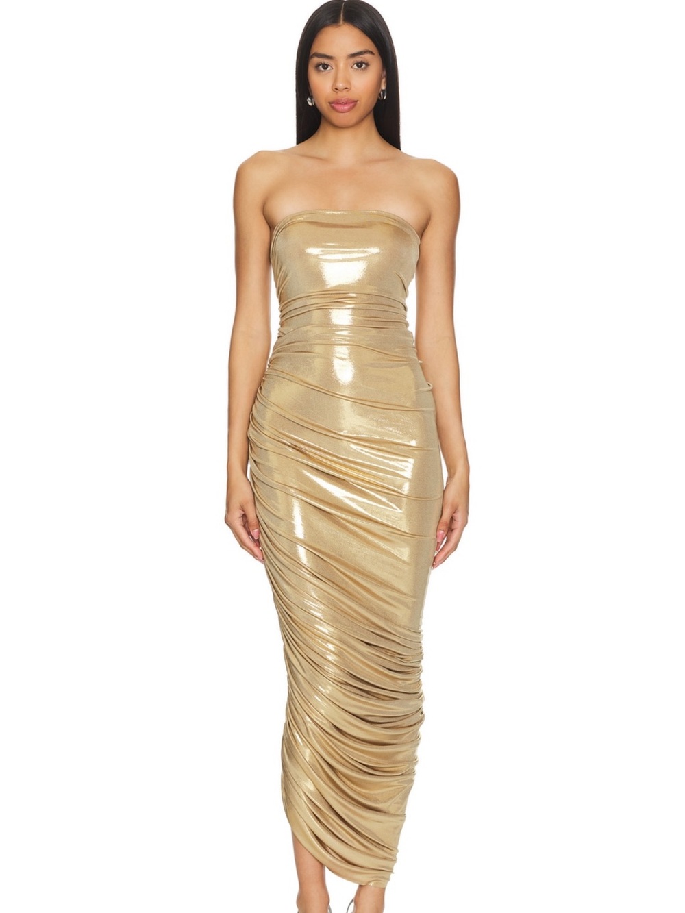 Norma Kamali Gold Strapless Ruched Maxi Dress